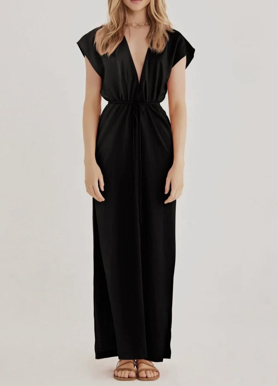 RUMER The Label Roam Black Linen Kaftan Dress XS NWT Maxi Cover Up Slit